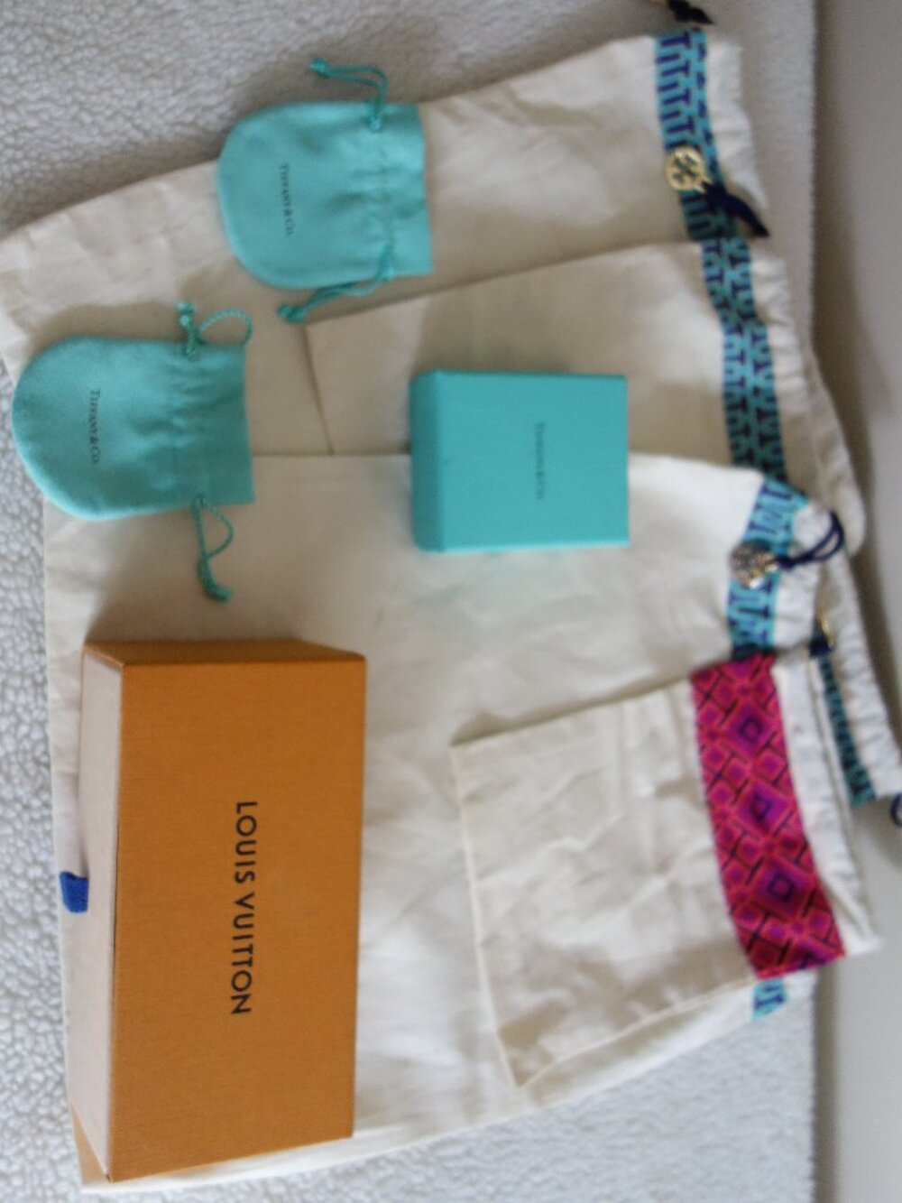 Lot of designer boxes bags Louis Vuitton, Tiffany & Co, Tory Burch